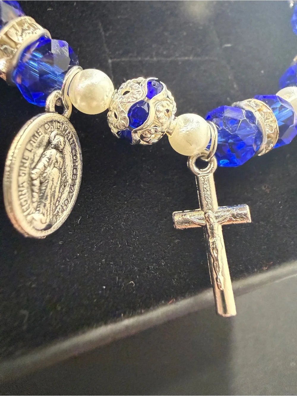 Women’s Blue Crystal Rosary Charm Bracelet Stretch One Size Virgin Mary Cross OS